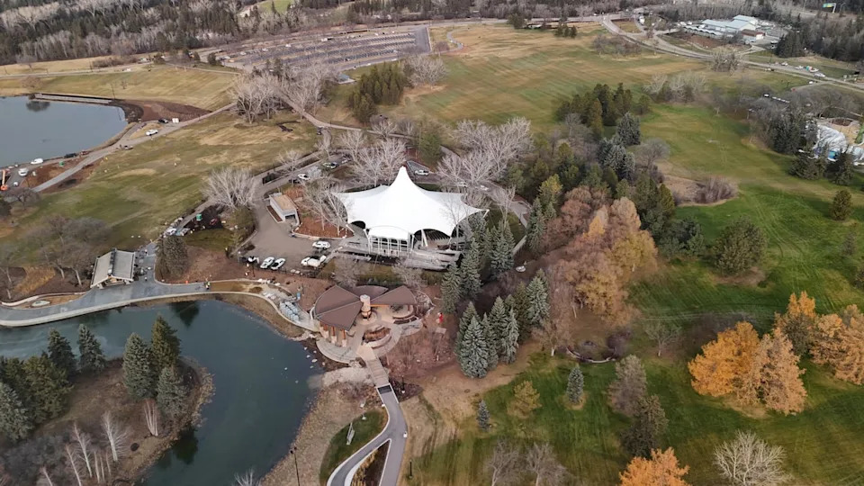 An aerial photo of William Hawrelak Park during renewal work in November 2025.