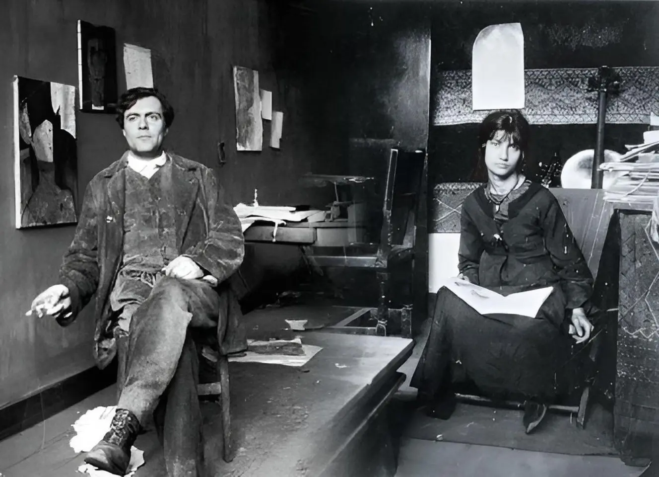 Amedeo Modigliani and Jeanne Hébuterne in a restored black and white photo.