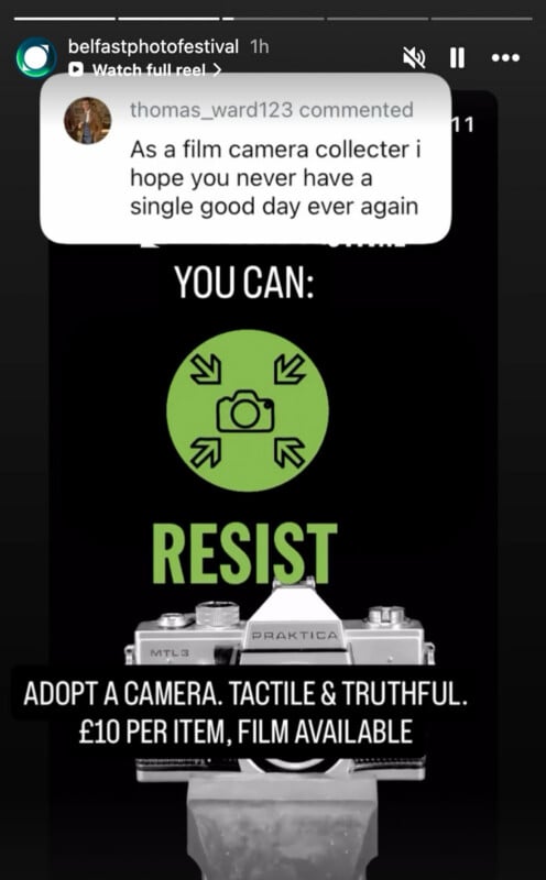 A graphic with a green camera icon and arrows pointing inward, captioned "YOU CAN: RESIST." Below is an image of a Praktica film camera and text: "ADOPT A CAMERA. TACTILE & TRUTHFUL. £10 PER ITEM, FILM AVAILABLE.
