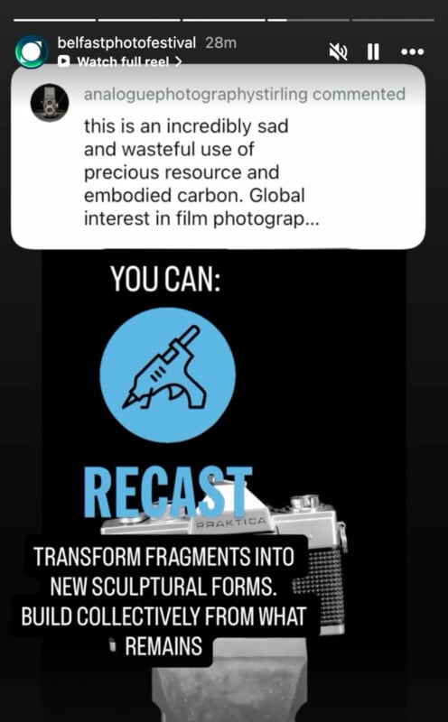 A graphic shows a glue gun icon with the word "RECAST." Below is a film camera and text: "Transform fragments into new sculptural forms. Build collectively from what remains." A comment above criticizes film photography’s environmental impact.