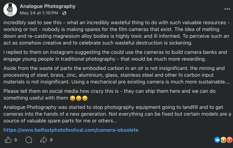 A social media post by Analogue Photography discusses the wastefulness of discarding old film cameras, advocating for spare part reuse and sharing a link to a related article. Three sad face emojis are included.