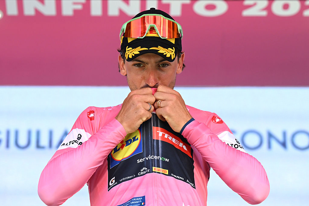 Giulio Ciccone of Italy and Team Lidl - Trek celebrates at podium as Pink Leader Jersey winner during the 109th Giro d'Italia 2026