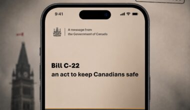 Phone screen showing Government of Canada message about Bill C-22: an act to keep Canadians safe.