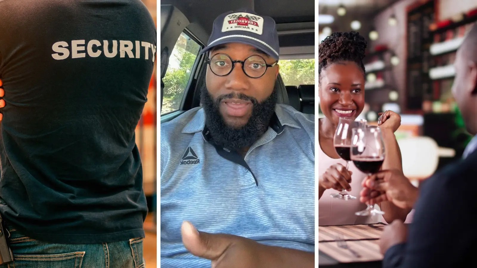 security gaurd (l) man shares dine and dash witnessing (c) black couple out for dinner (r)