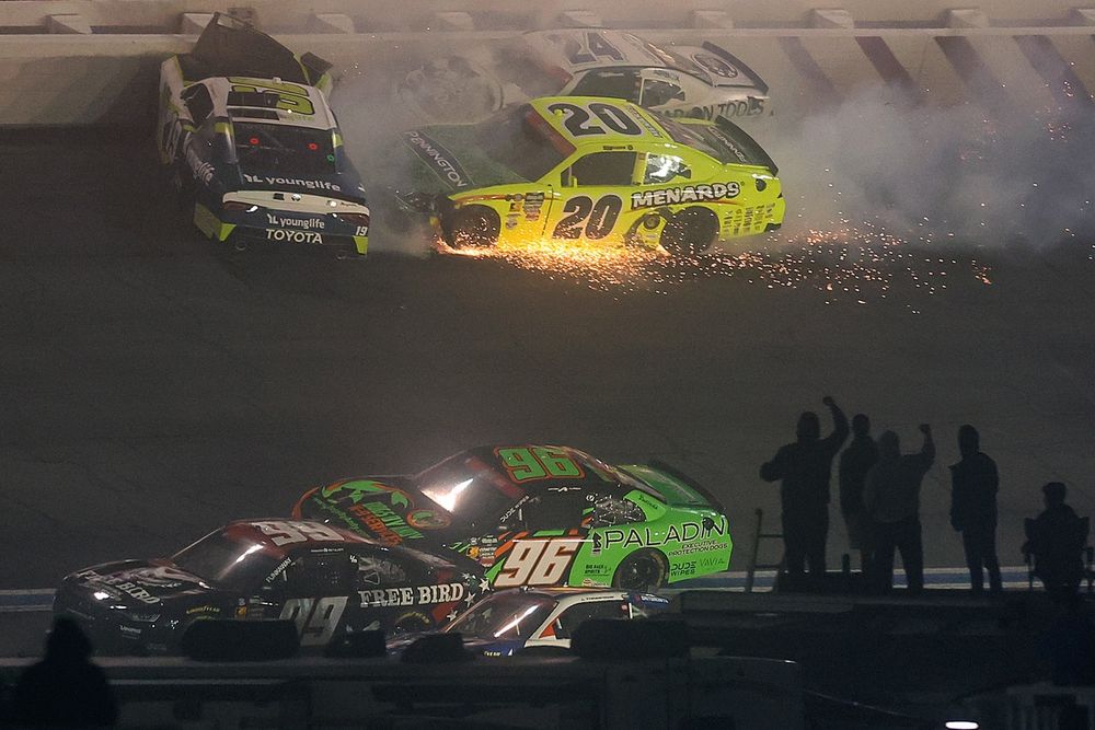 Brent Crews, Brandon Jones, and Harrison Burton wreck