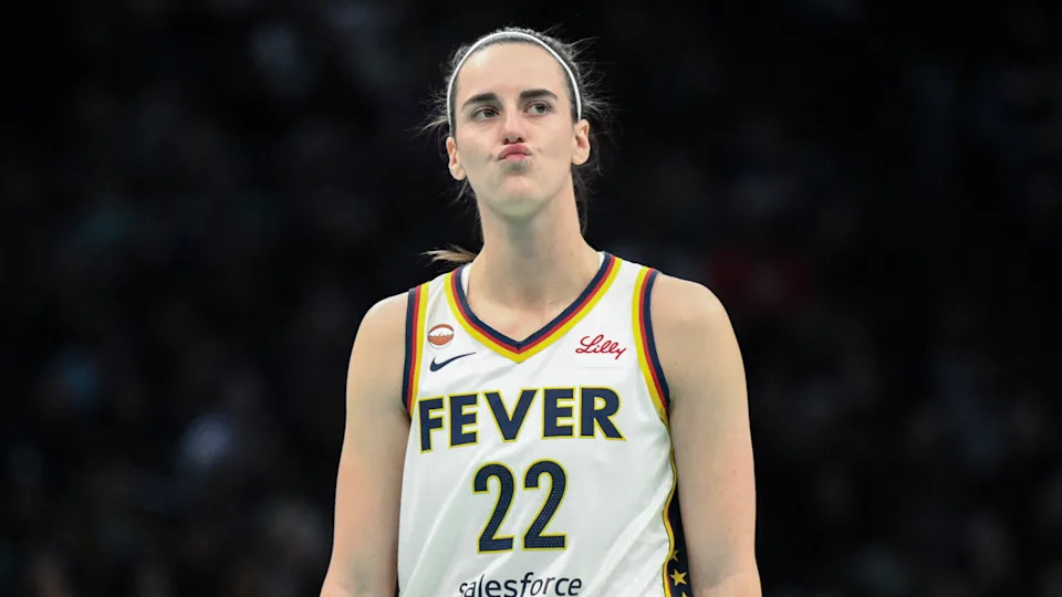 Indiana Fever guard Caitlin Clark (22) reacts during the first half against the New York Liberty.John Jones-Imagn Images