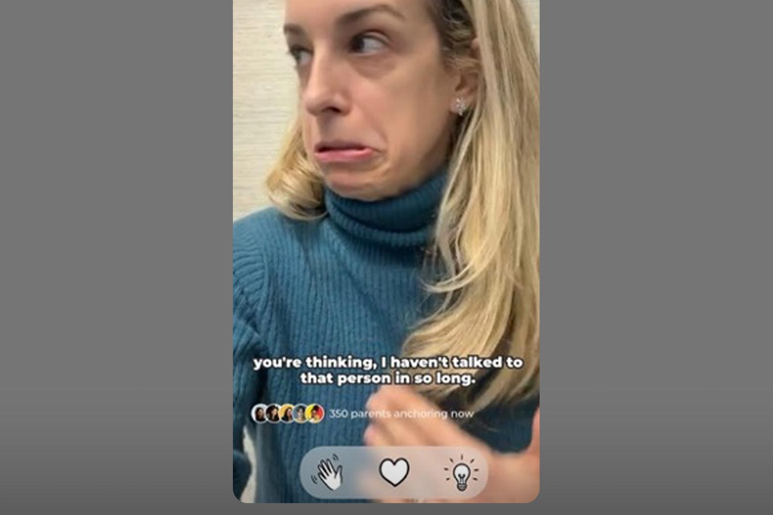 Screengrab of Dr. Becky wearing a blue turtleneck and grimacing. The on-screen text reads: "You're thinking, I haven't talked to that person in so long."