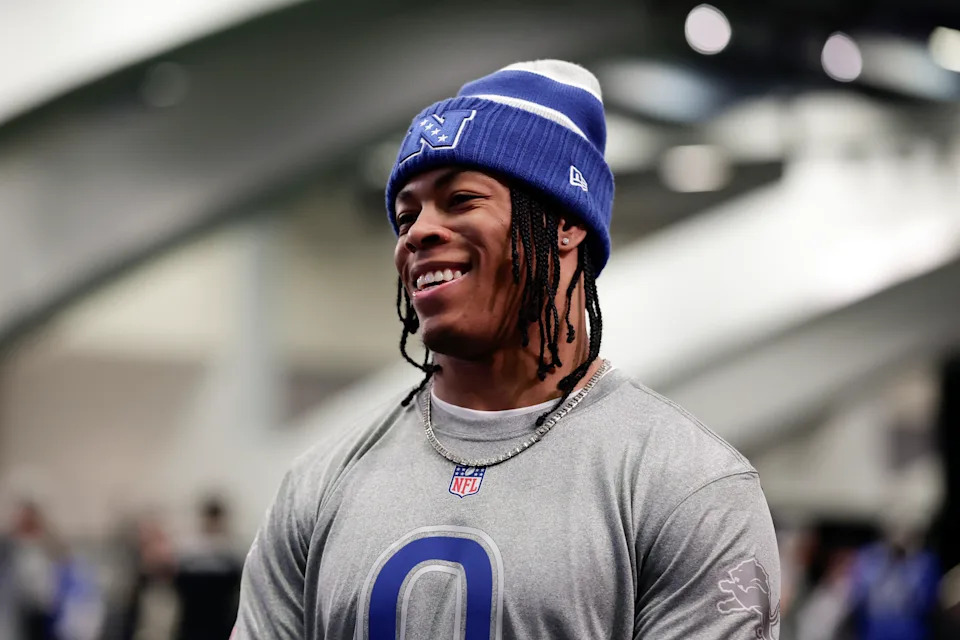 SAN FRANCISCO, CALIFORNIA - FEBRUARY 2: Jahmyr Gibbs #0 of the Detroit Lions smiles during a Pro Bowl team practice during the NFL Pro Bowl Games at Moscone Center South on February 2, 2026 in San Francisco, California. (Photo by Kara Durrette/Getty Images)