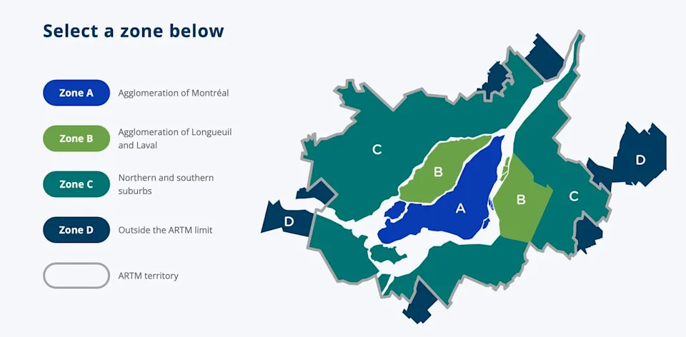 The Montreal metropolitan area is divided into 4 zones: A, B, C and D.