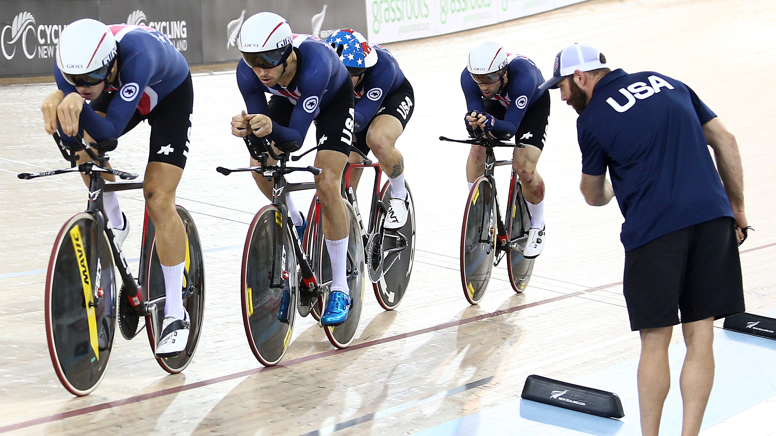 USA (Daniel Summerhill, Eric Young, Ashton Lambie and Gavin Hoover) compete in the Men's Team Pursuit qualifying during the 2018 UCI Track World Cup