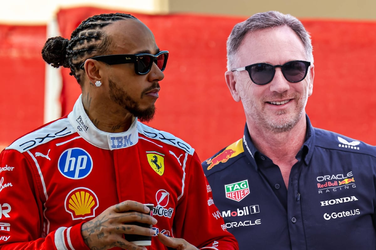 Lewis Hamilton looks across at a smiling Christian Horner