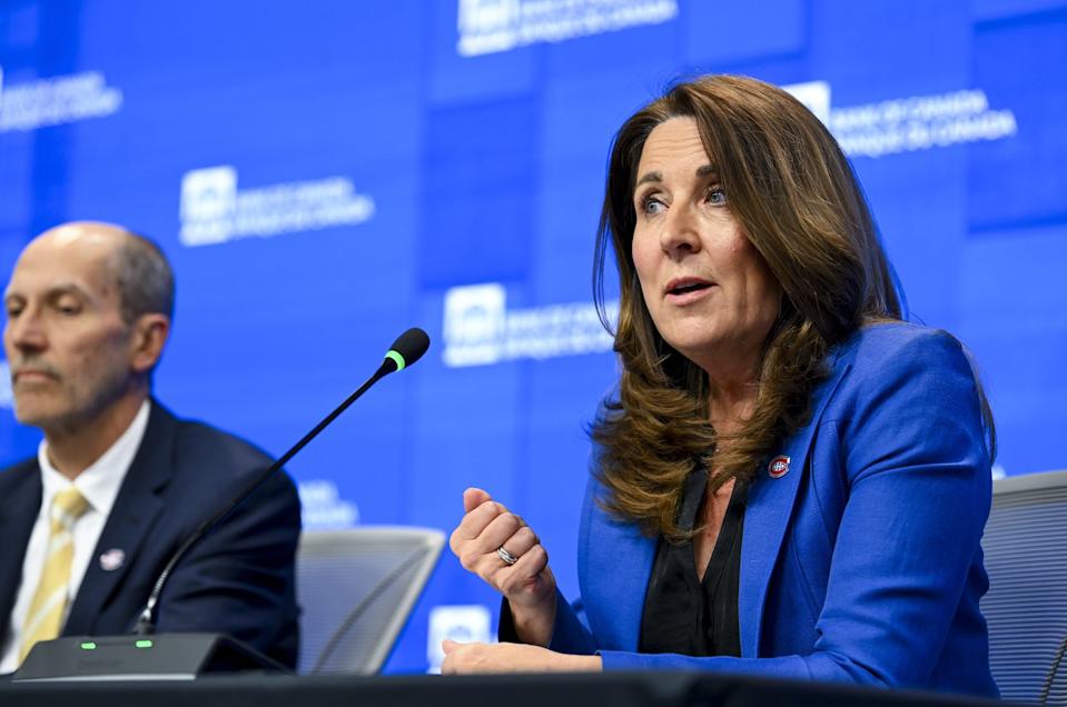 Senior Deputy Governor of the Bank of Canada Carolyn Rogers speaks during a press conference alongside Deputy Governor of the Bank of Canada Toni Gravelle at the Bank of Canada in Ottawa, on Thursday, May 28, 2026. THE CANADIAN PRESS/Spencer Colby - The Canadian Press