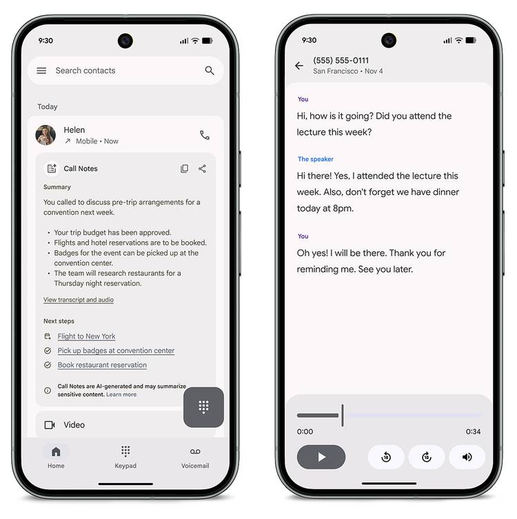 Screenshots highlighting Google's Call Notes feature.