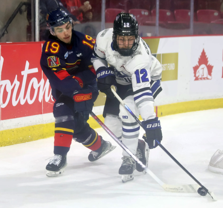 Calyb Moore scored the game-tying goal in the final four minutes of Niverville's semi-final win. (Cassidy Dankochik / The Carillon)