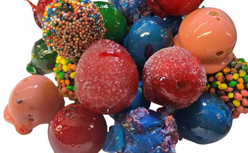 Fresh green and red grapes coated in a hard candy shell and rolled in crushed sugar, Jolly Ranchers, and Nerds candy.
