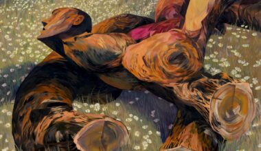 a painting of a nude man and tree hybrid in a meadow by J Carino