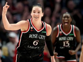 Bridget Carleton (6) of the Portland Fire reacts after her three-point basket against the Chicago Sky during the second half at Moda Center on May 9, 2026, in Portland, Ore. (Steph Chambers/Getty Images)