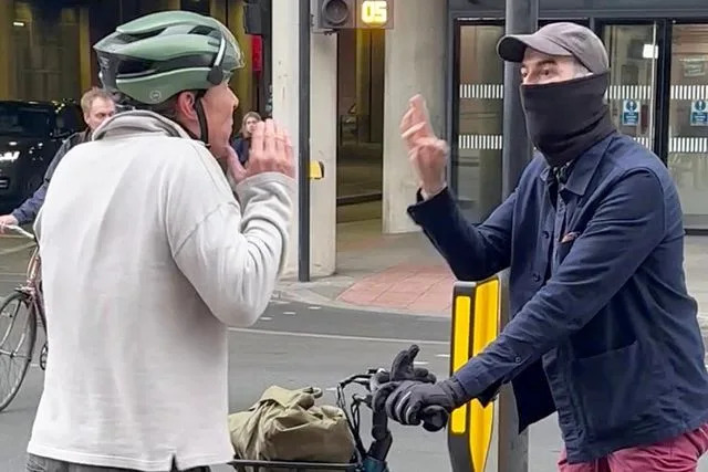 Benedict Cumberbatch in an altercation with a masked cyclist on St Pancras road in London on May 5Credit: SWNS