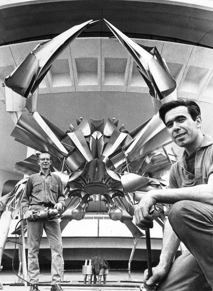 An Oct. 4, 1968, file photograph of the eye-catching giant stainless steel crab sculpture being set up outside the Centennial Museum (now the Vancouver Museum), and Planetarium at Vanier Park, by welder Gus Lidberg, left, and sculptor/creator of the piece, George Norris Ross.