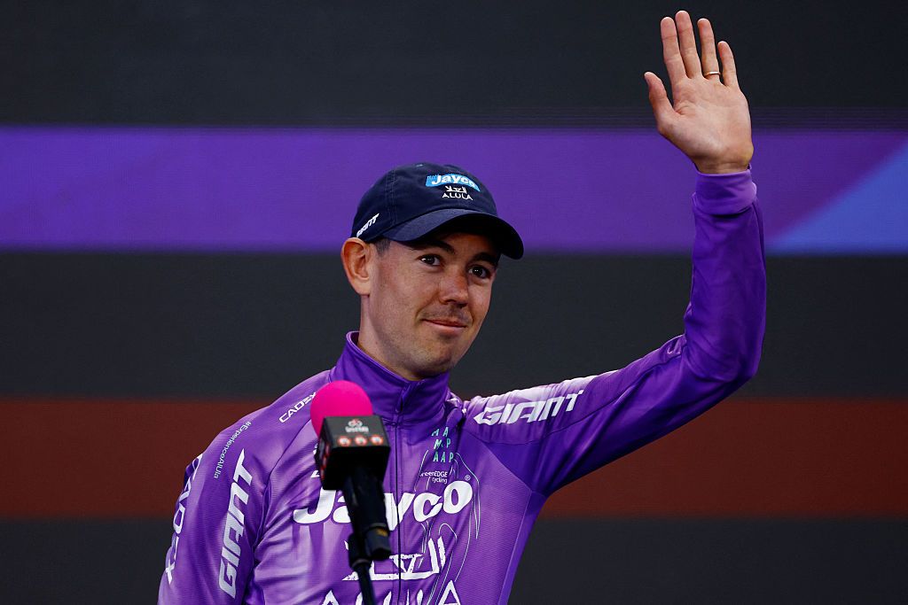 Team Jayco AlUla Australian rider Ben O'Connor waves during the team presentation in Burgas, on May 6, 2026, two days before the departure of the Giro d'Italia 2026 - Tour of Italy cycling race. The Giro d'Italia 2026 will depart from Burgas in Bulgaria on May 8, 2026 and finish in Rome on May 31, 2026. (Photo by Luca Bettini / AFP via Getty Images)
