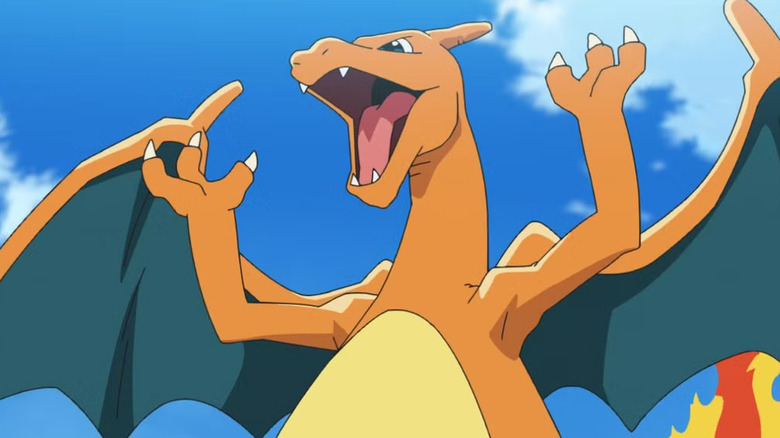 Charizard lifting its arms and yelling in the Pokemon anime