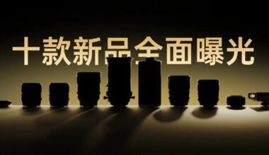 Silhouettes of ten camera lenses and accessories are displayed in a row against a gold background with bold Chinese text above them.