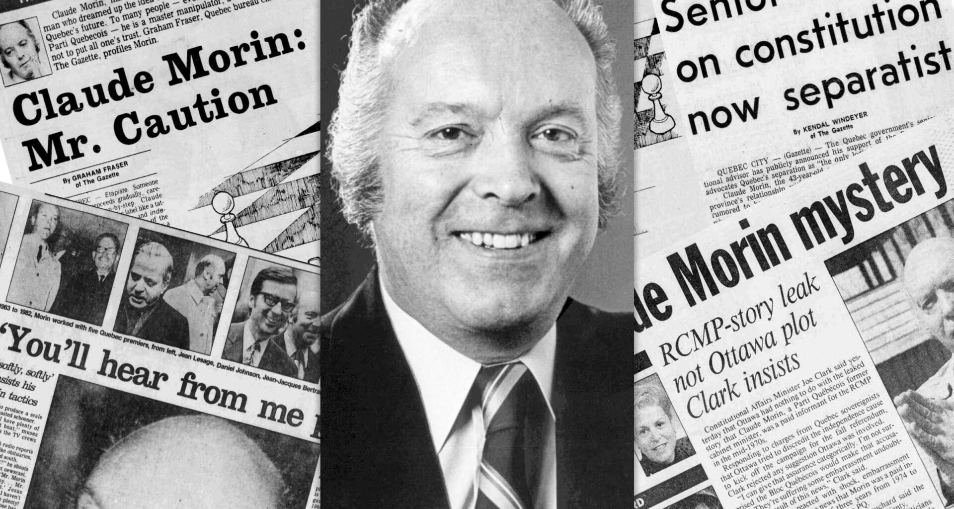 A photo of Claude Morin superimposed on images of newspaper pages about him.