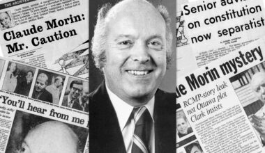 A photo of Claude Morin superimposed on images of newspaper pages about him.