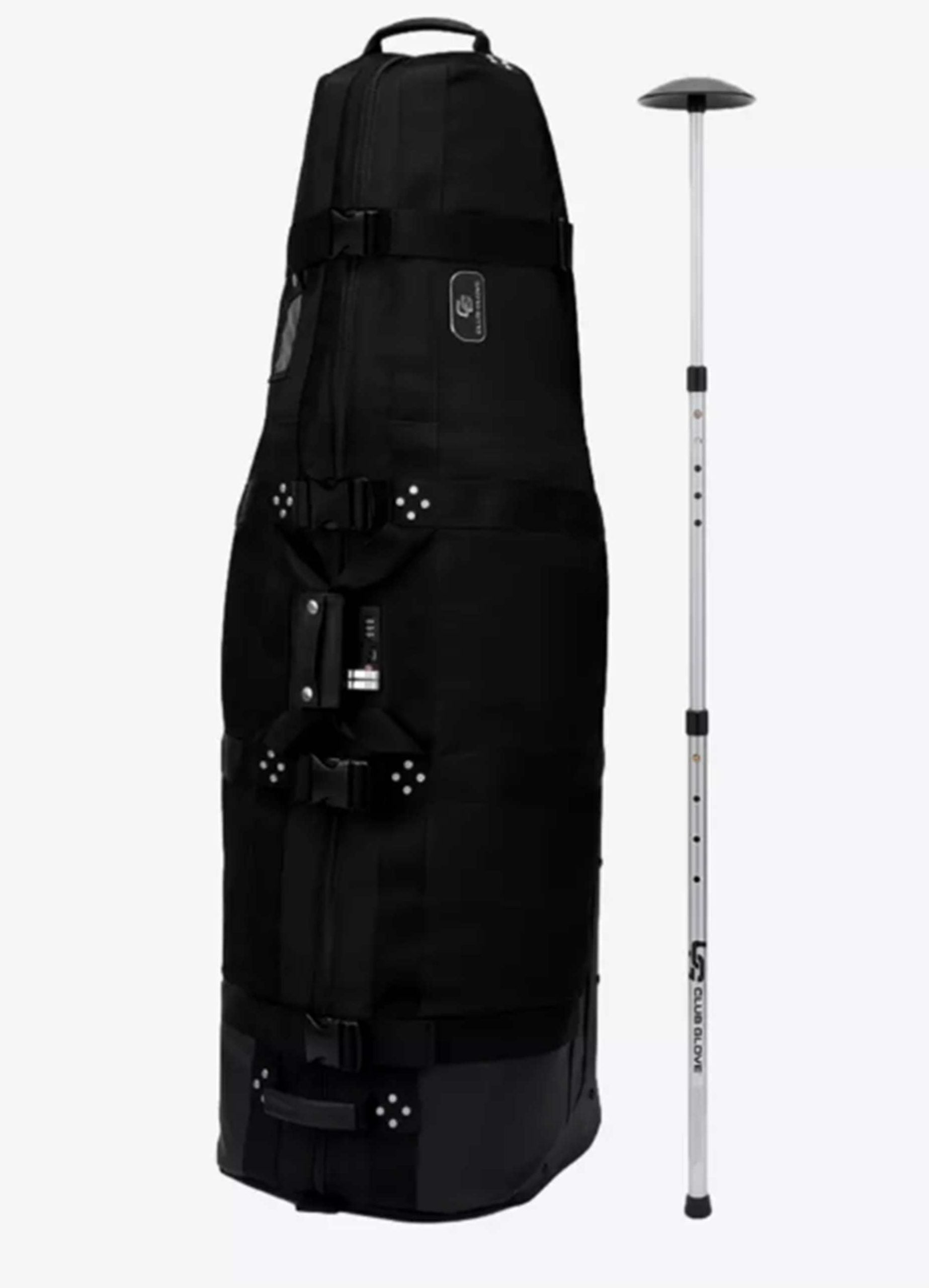 A large, black, padded golf travel bag with handles and buckles stands upright next to a white and black collapsible golf bag stand, offering optimal golf club protection for traveling with golf clubs.