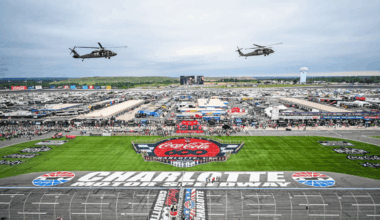 Aerial view of Charlotte Motor Speedway during a large Coca-Cola 600 event, with a green infield, crowds, and two helicopters flying low over the track.