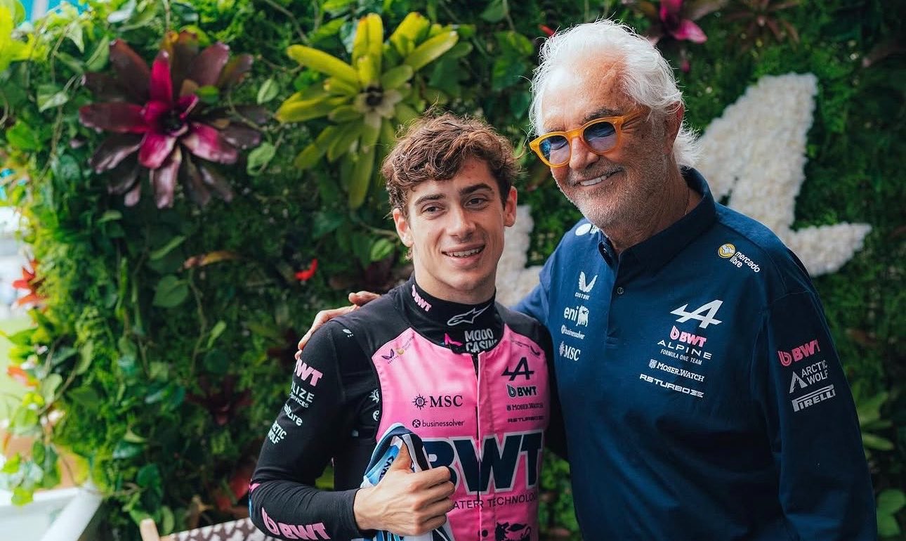 Franco Colapinto and Alpine F1 boss Flavio Briatore after 2026 Miami GP via X