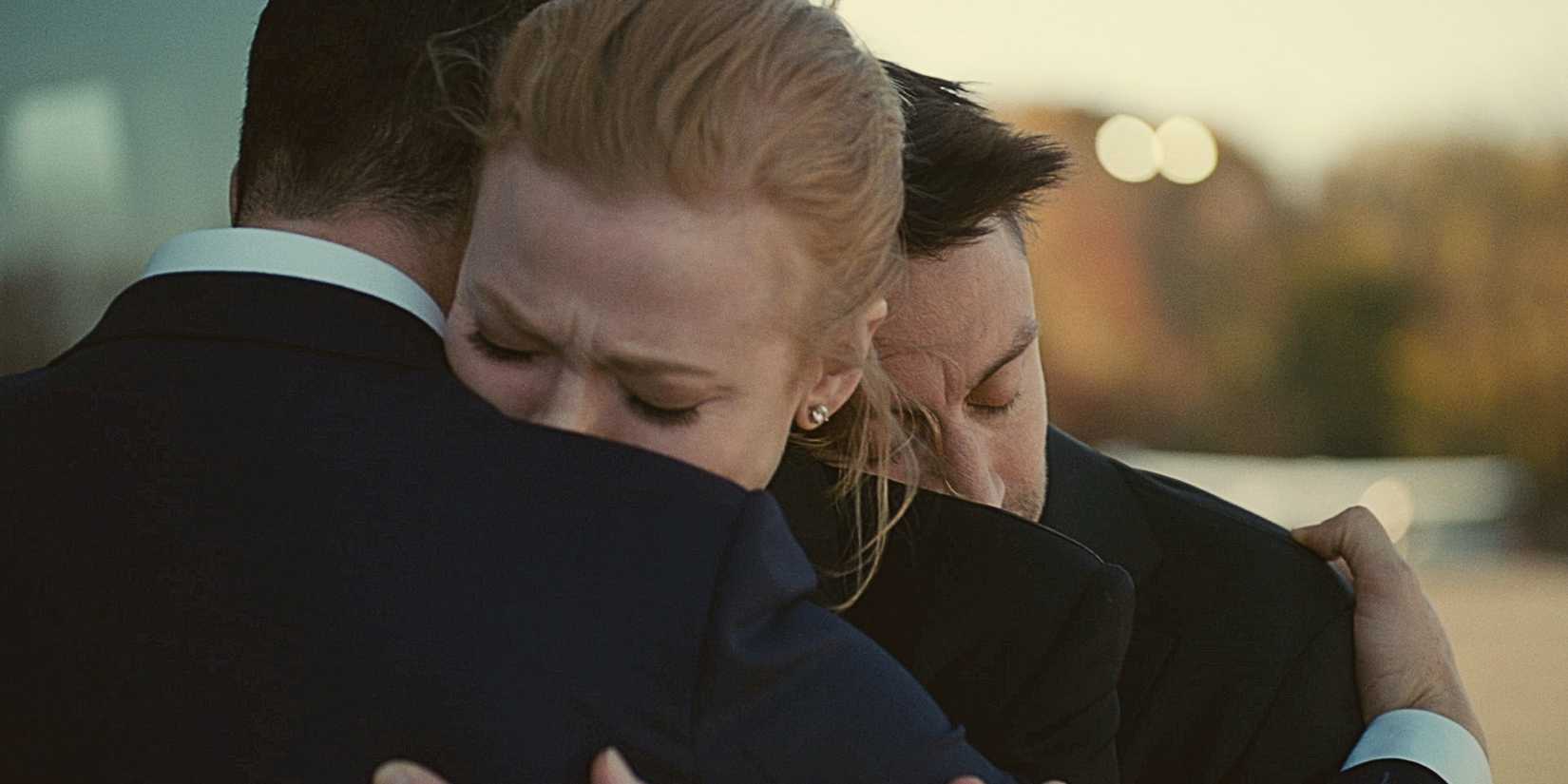 Kendall Roy, Shiv, Roy, and Roman Roy hugging each other and crying in Succession "Connor's Wedding".