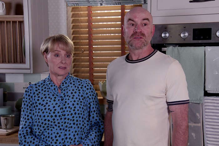 corrie-sally-tim Sally and Tim stood in their kitchen in Coronation Street