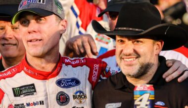 An image of NASCAR legends Tony Stewart and Kevin Harvick celebrating a Cup win for the latter