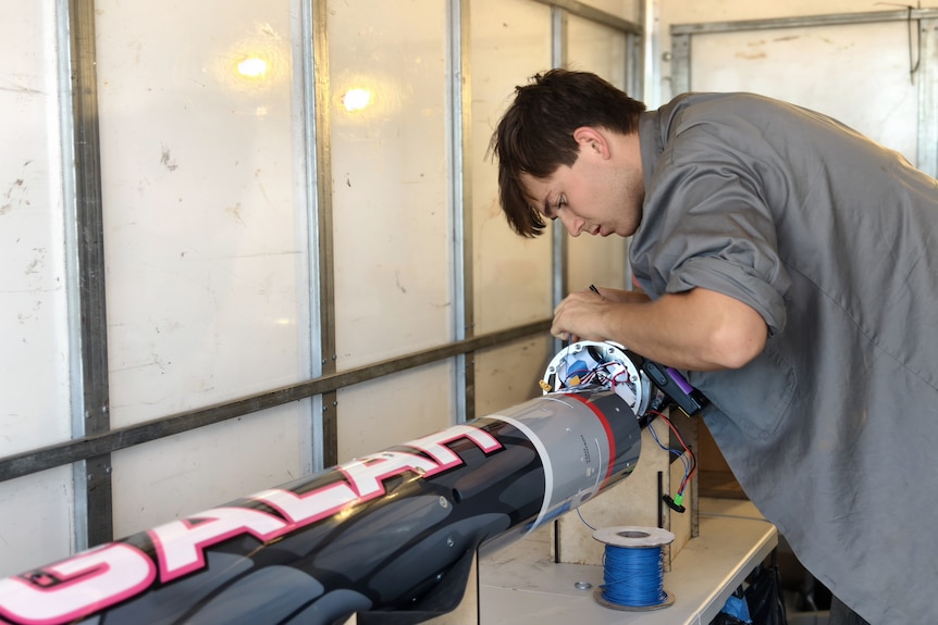 A man in a grey shirt works on two separate parts of a black and pink rocket called Galah.