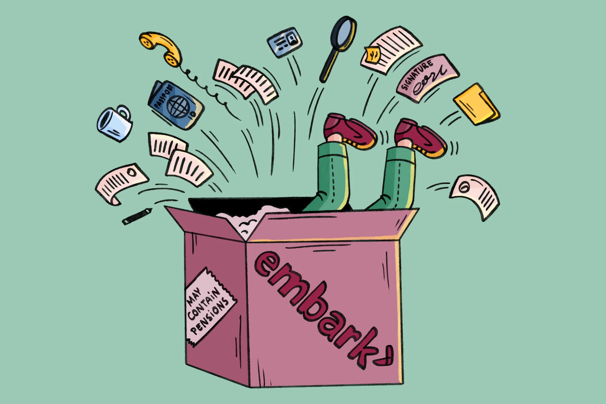 Illustration of a person's legs sticking out of a box labeled "embark" with various documents, a phone, mug, and magnifying glass floating around.