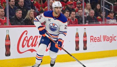 Edmonton Oilers defenseman Darnell Nurse (55) in action during an NHL game, illustrating the player central to the team's current trade and contract discussions.