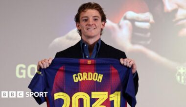 English player Anthony Gordon poses during his official presentation as new player of FC Barcelona