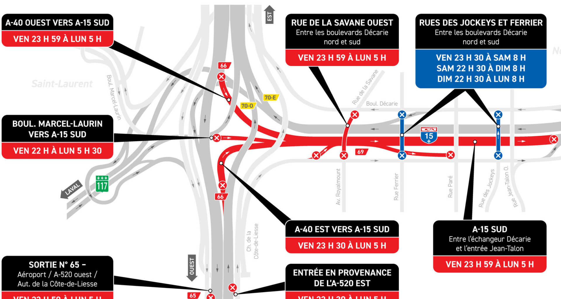A map shows red lines on Highway 15 from Highway 40 to Jean-Talon St., as well as on de la Savane St. over Highway 15.