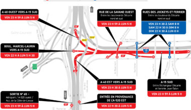 A map shows red lines on Highway 15 from Highway 40 to Jean-Talon St., as well as on de la Savane St. over Highway 15.