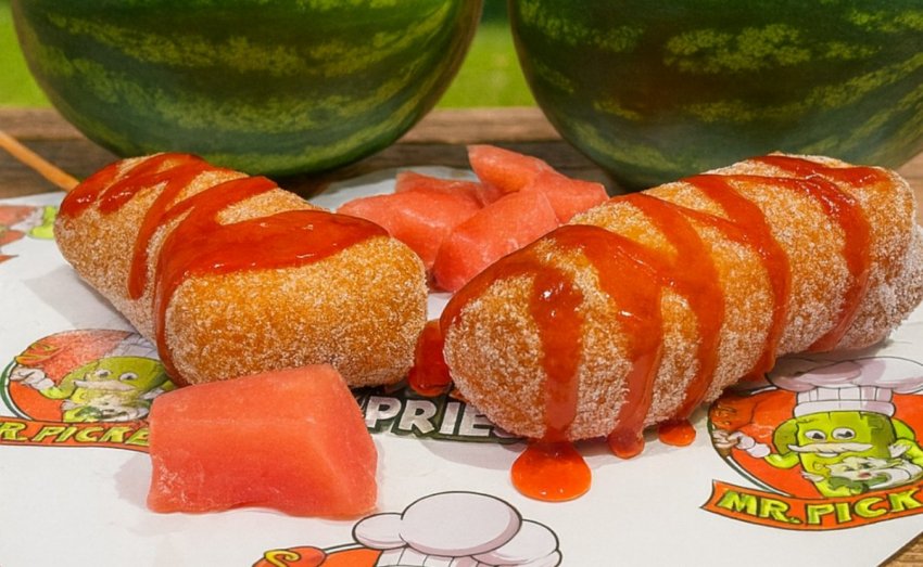Slices of flash-frozen watermelon dipped in batter, deep-fried to a golden brown, and dusted with powdered sugar.