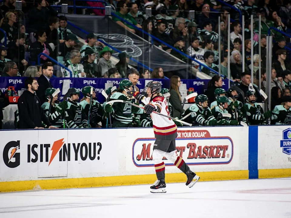 Ottawa Charge defender Ronja Savolainen celebrates a first-period goal to open the scoring in Game 2 of the PWHL semifinal against the Boston Fleet on Saturday, May 2, 2026.