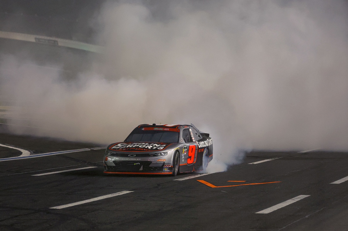 Ross Chastain wins strange NASCAR O'Reilly Charlotte race, marred by rain, fog, oil slick