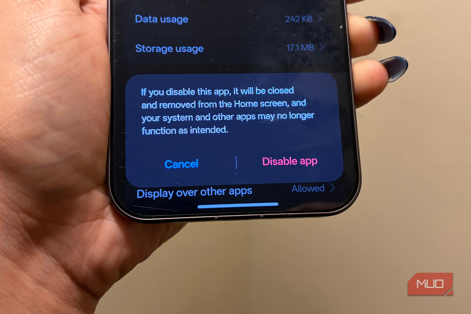 Disable app pop-up while disabling bloatware apps on Android