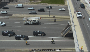 Dump truck hits overpass on Hwy. 403 in Mississauga