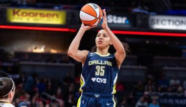 Dallas Wings guard Azzi Fudd (35) shoots the ball.