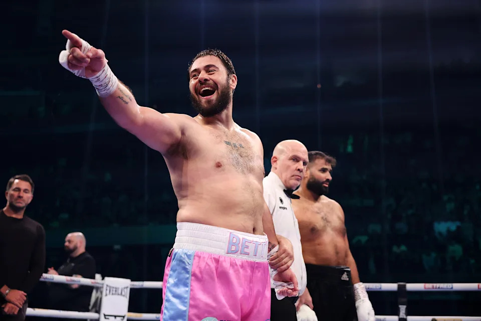 NOTTINGHAM, ENGLAND - FEBRUARY 21: Dave Allen celebrates after beating Karim Berredjem in their Heavyweight Contest at Motorpoint Arena Nottingham on February 21, 2026 in Nottingham, England. (Photo by Mark Robinson/Getty Images).