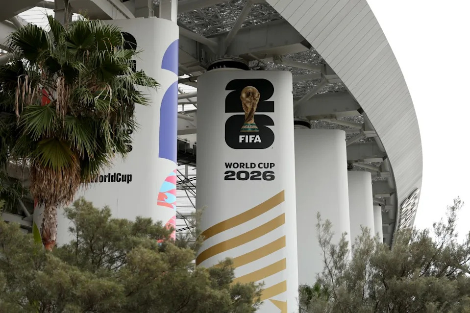 A general view of FIFA World Cup 2026 signage at SoFi Stadium on May 24, 2026 in Los Angeles, California. (Photo by Luke Hales/Getty Images)