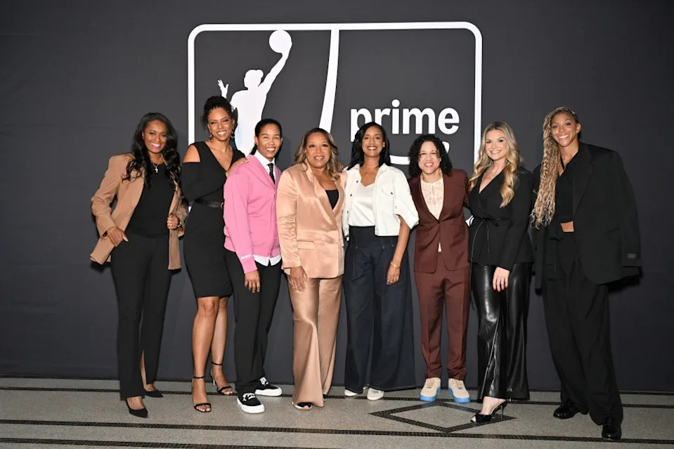 (L-R) Swin Cash, LaChina Robinson, Ty Young, Cynthia Cooper, Amina Hussein, Kara Lawson, Allie Clifton, and Candace Parker attend the Prime Video celebration for the WNBA On Prime Tip Off at Brooklyn Museum on May 5, 2026 in Brooklyn, New York. Getty Images for Prime Video