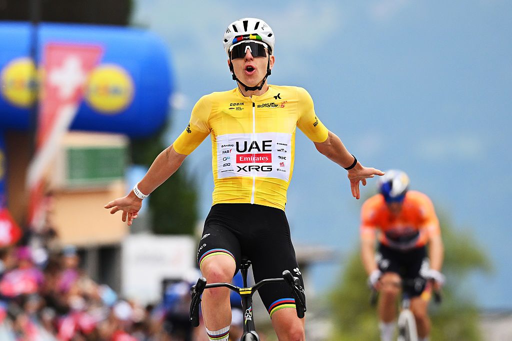 LEYSIN, SWITZERLAND - MAY 03: Tadej Pogacar of Slovenia and UAE Team Emirates - XRG - Yellow Leader Jersey celebrates at finish line as stage winner during the 79th Tour de Romandie 2026, Stage 5 a 178.2km from Lucens to Leysin 1312m / #UCIWT / on May 03, 2026 in Leysin, Switzerland. (Photo by Dario Belingheri/Getty Images)